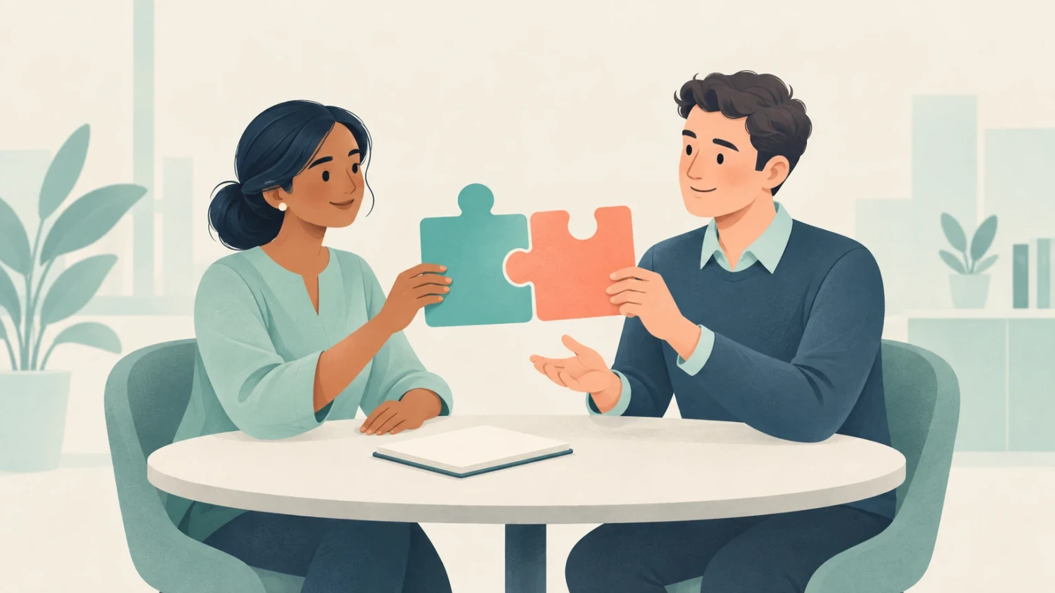 An editorial illustration of two diverse colleagues seated at a table connecting two large puzzle pieces in an office setting.