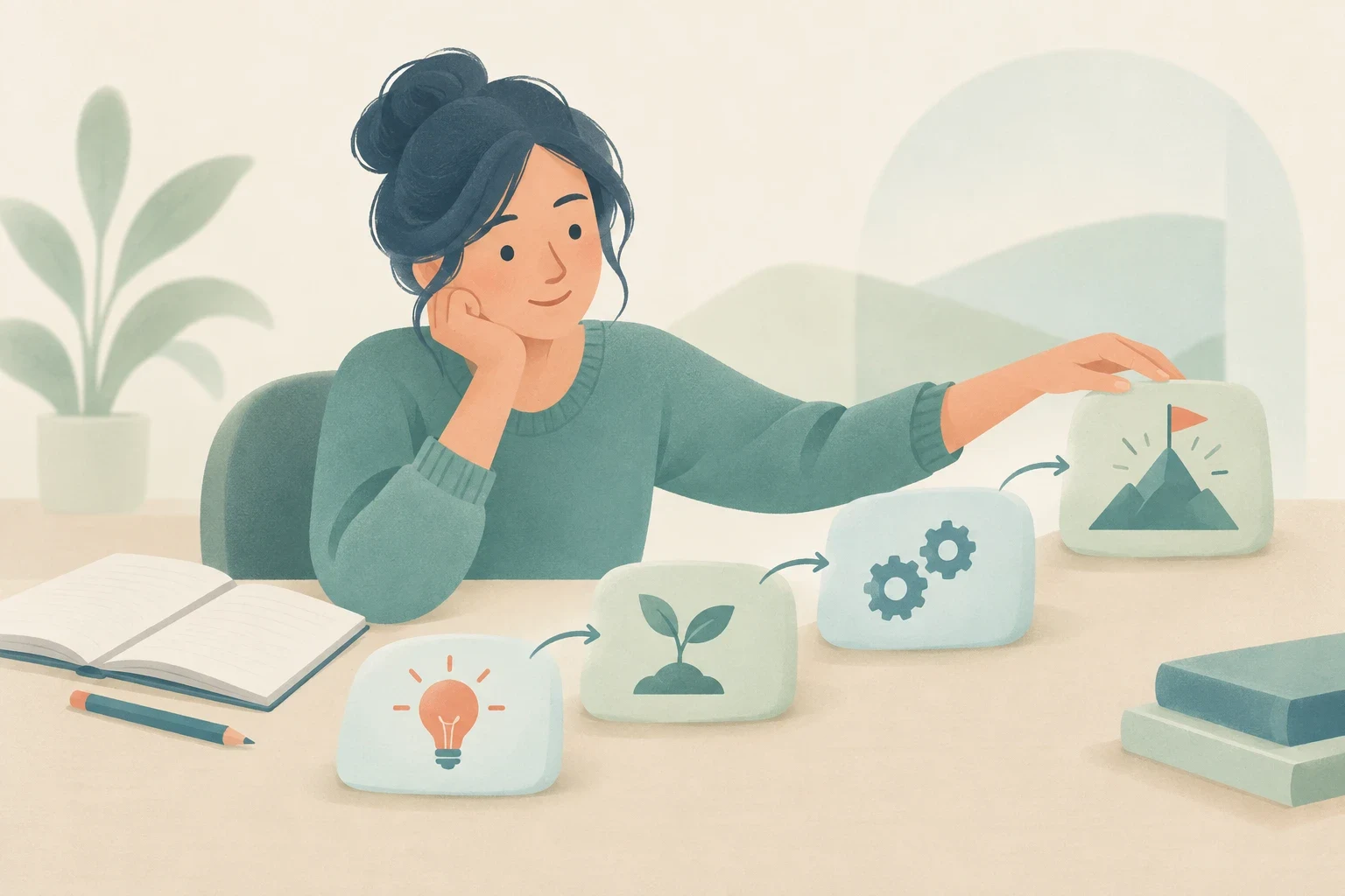 A student sits at a desk arranging four sequential tiles showing a lightbulb, a sprout, gears, and a mountain peak with a flag.