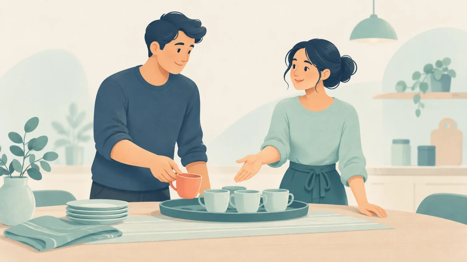 A woman gestures toward a tray of mugs while a man sets down a cup on a dining table.