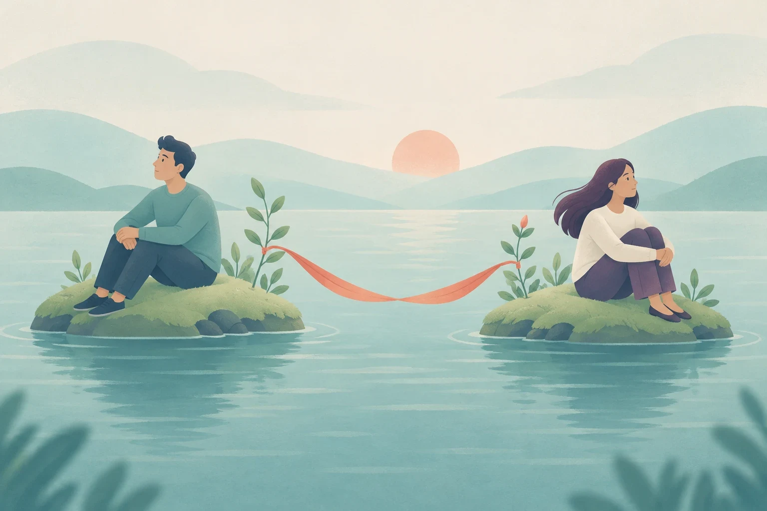 Editorial illustration of a man and a woman sitting back-to-back on separate small grassy islands in a calm lake, connected by a red ribbon tied between two plants.