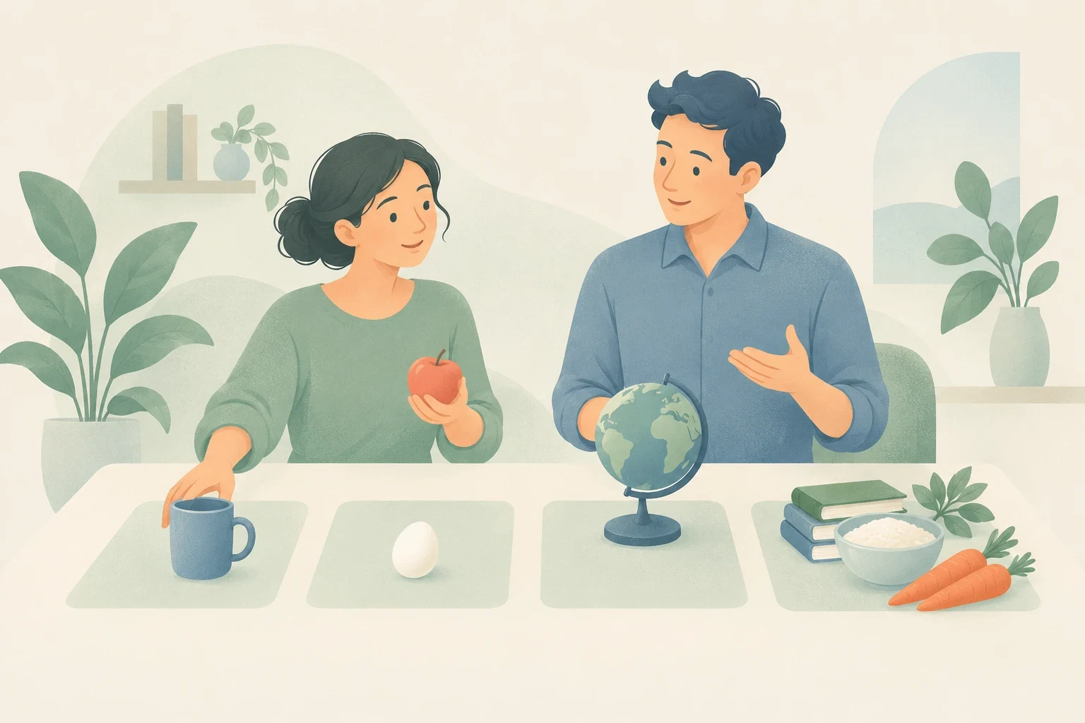 A woman and a man sit at a table presenting various objects like a cup, an apple, an egg, a globe, and rice to demonstrate noun types.