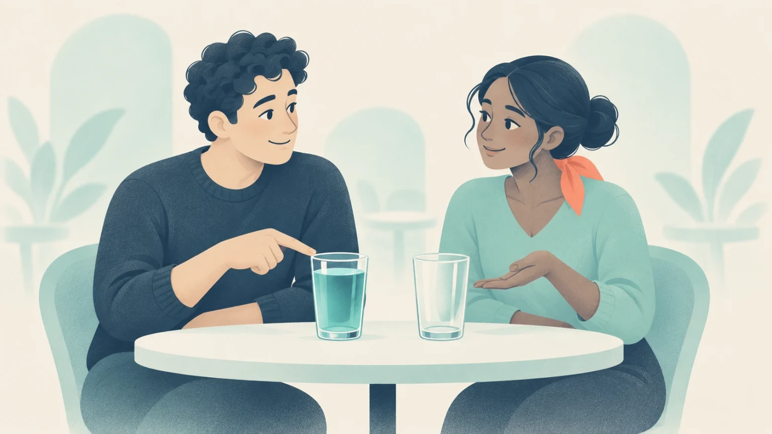 A man and a woman sit at a table in conversation, gesturing toward a full glass of water and an empty glass.