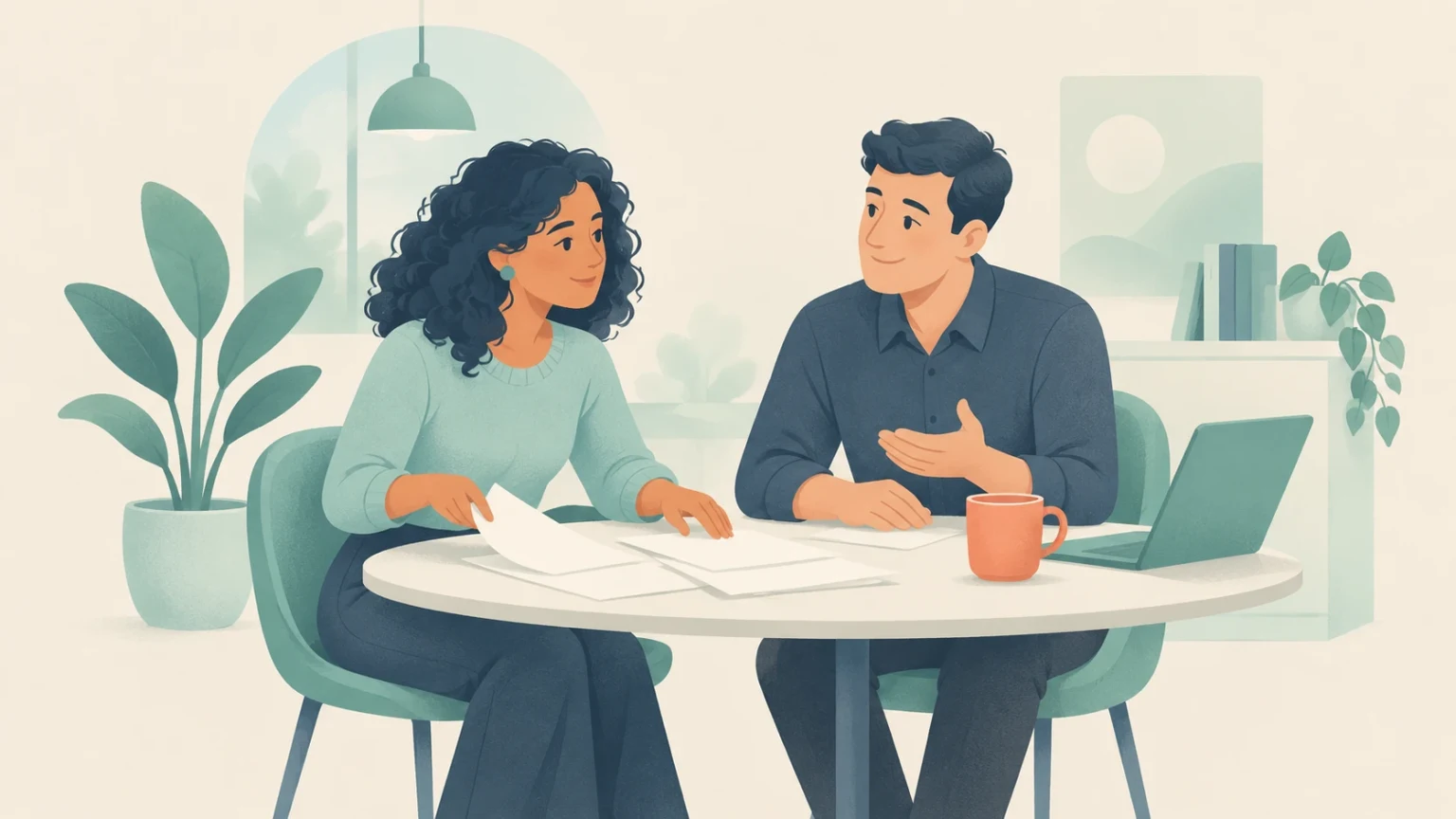 An editorial illustration of two colleagues seated at a round table reviewing documents and talking in an office.