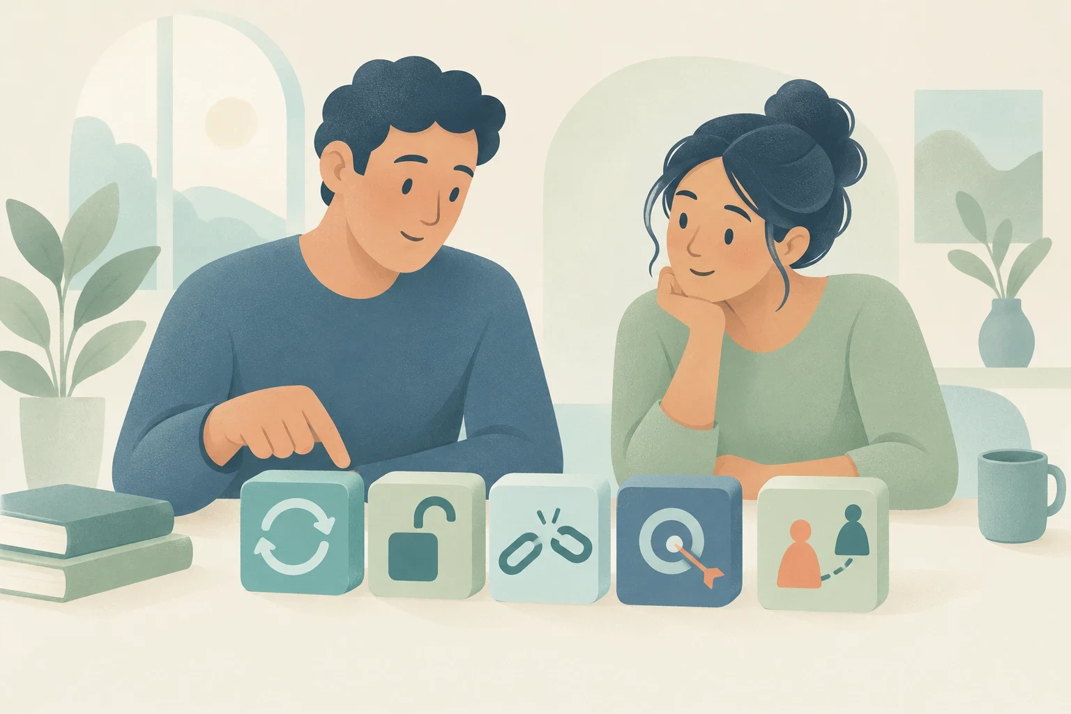 An editorial illustration of a man and woman at a table examining five blocks featuring icons that represent prefixes, with books and plants nearby.