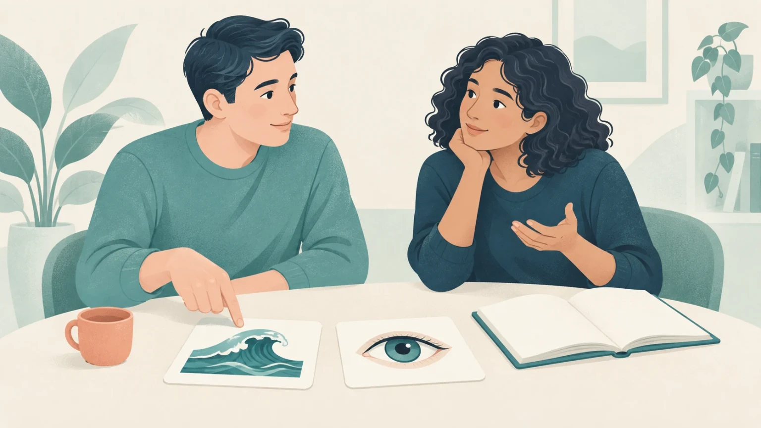 A man and a woman sitting at a table studying illustration cards depicting an ocean wave and an eye.