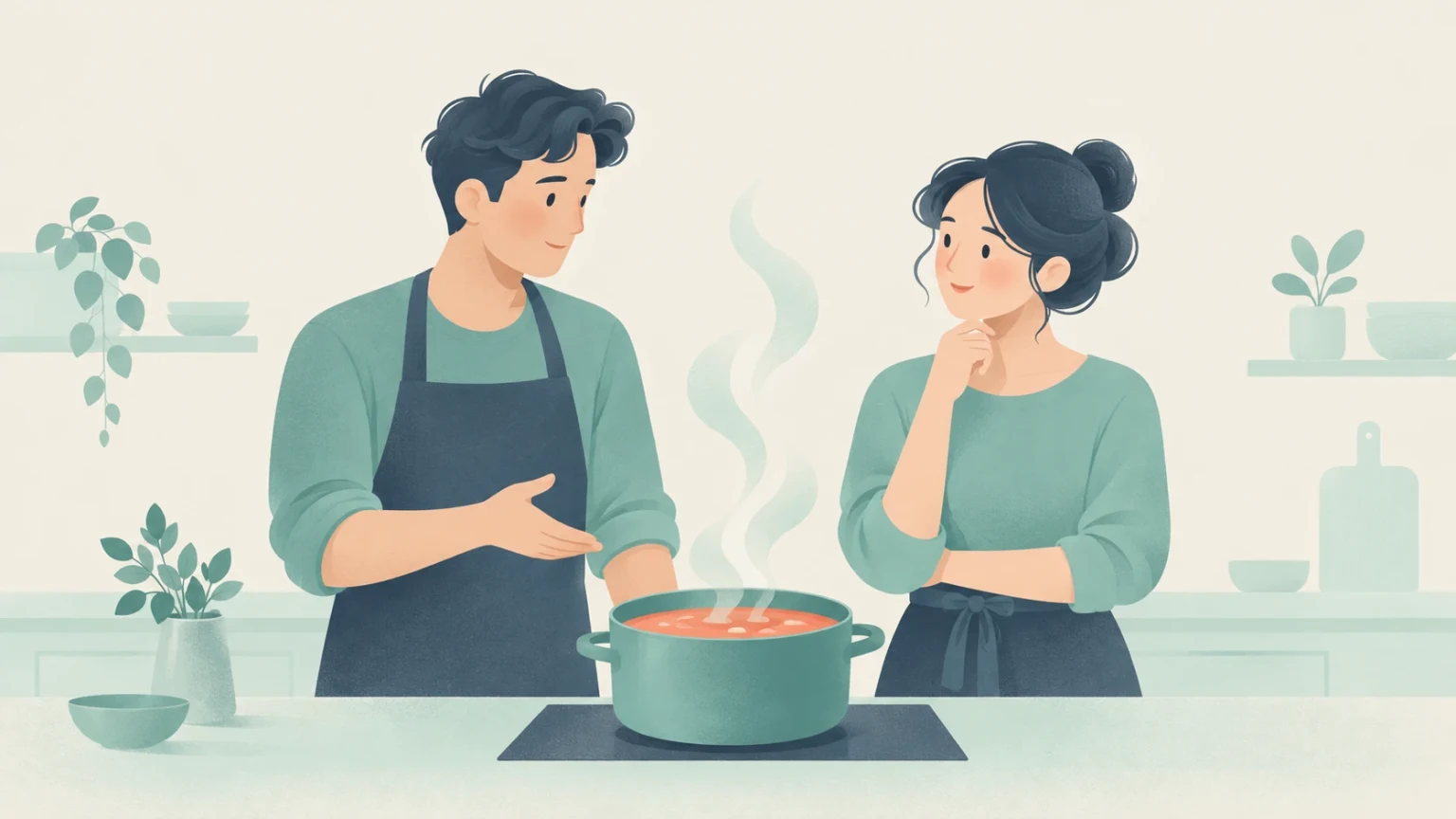 A man and a woman in aprons stand in a kitchen by a steaming pot of simmering food on a stove.