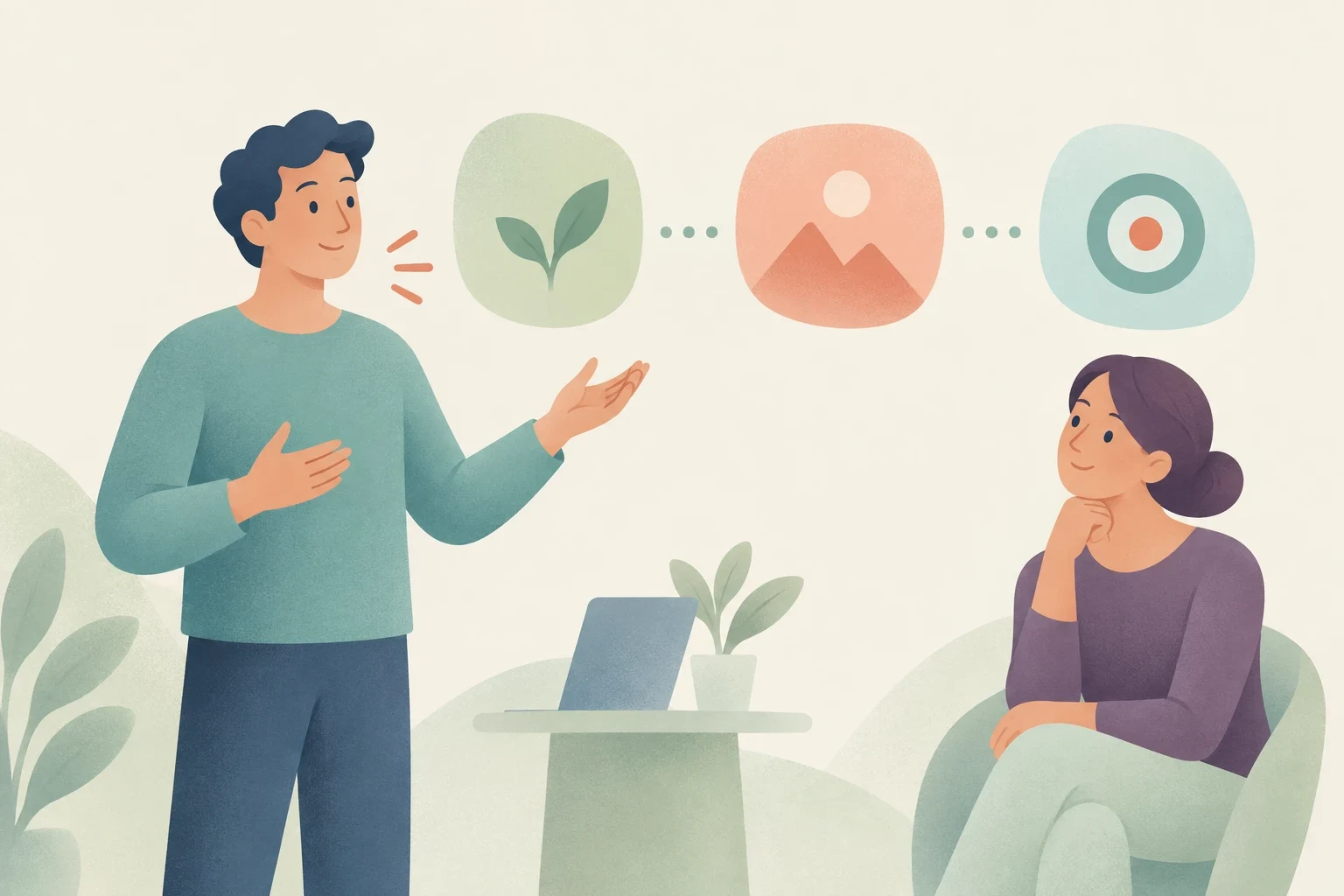 An editorial illustration of a man speaking with open hand gestures beside three sequenced icons, while a woman seated in an armchair listens attentively.