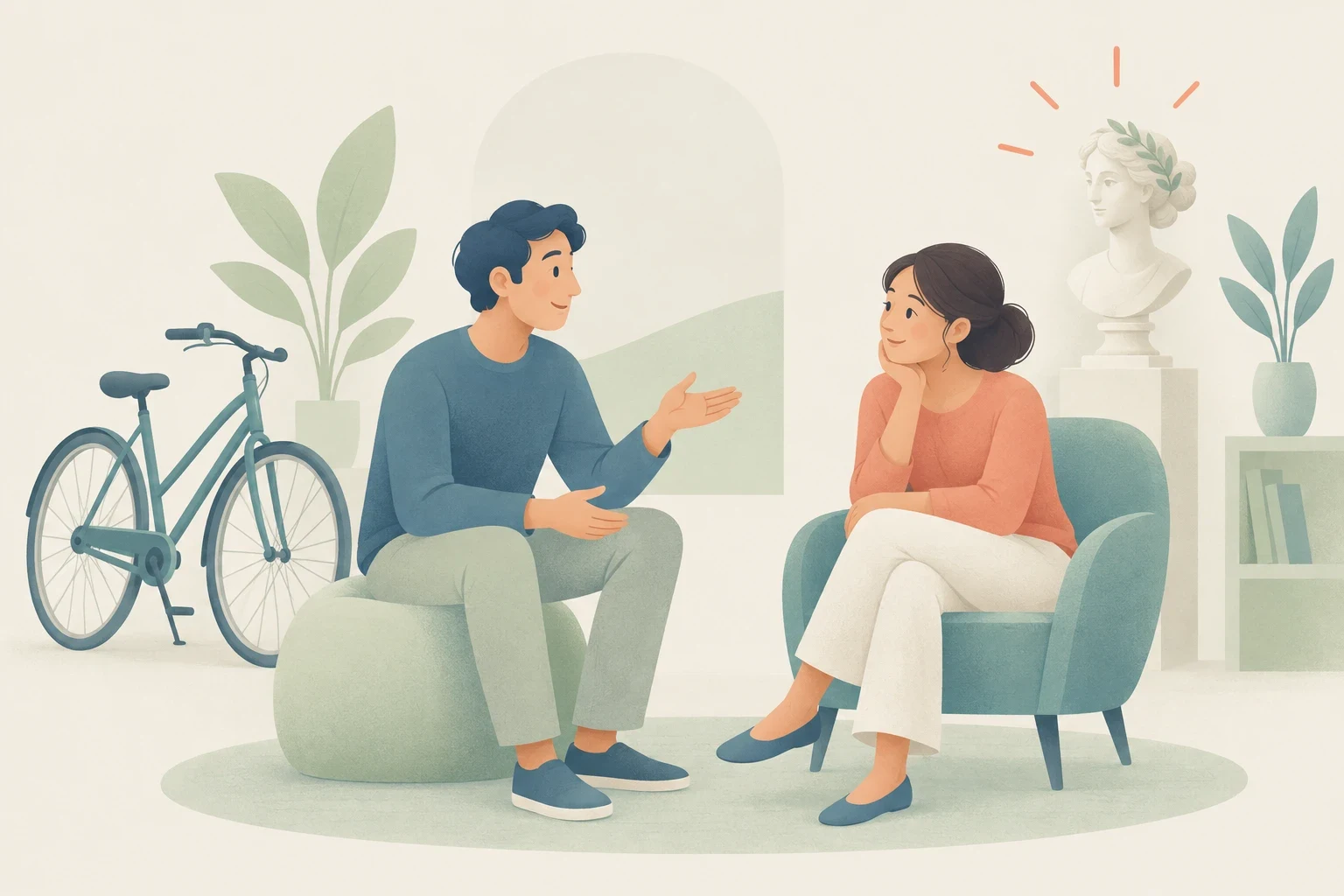 A man and a woman conversing in a bright room near an idle parked bicycle and a classical bust on a pedestal.