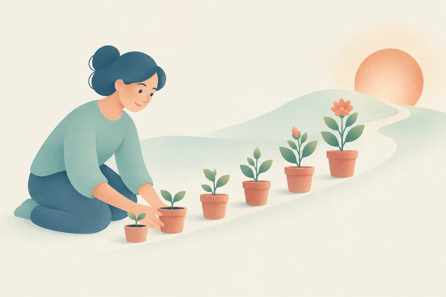 Editorial illustration of a woman tending a row of potted plants showing stages of growth leading toward the sun.