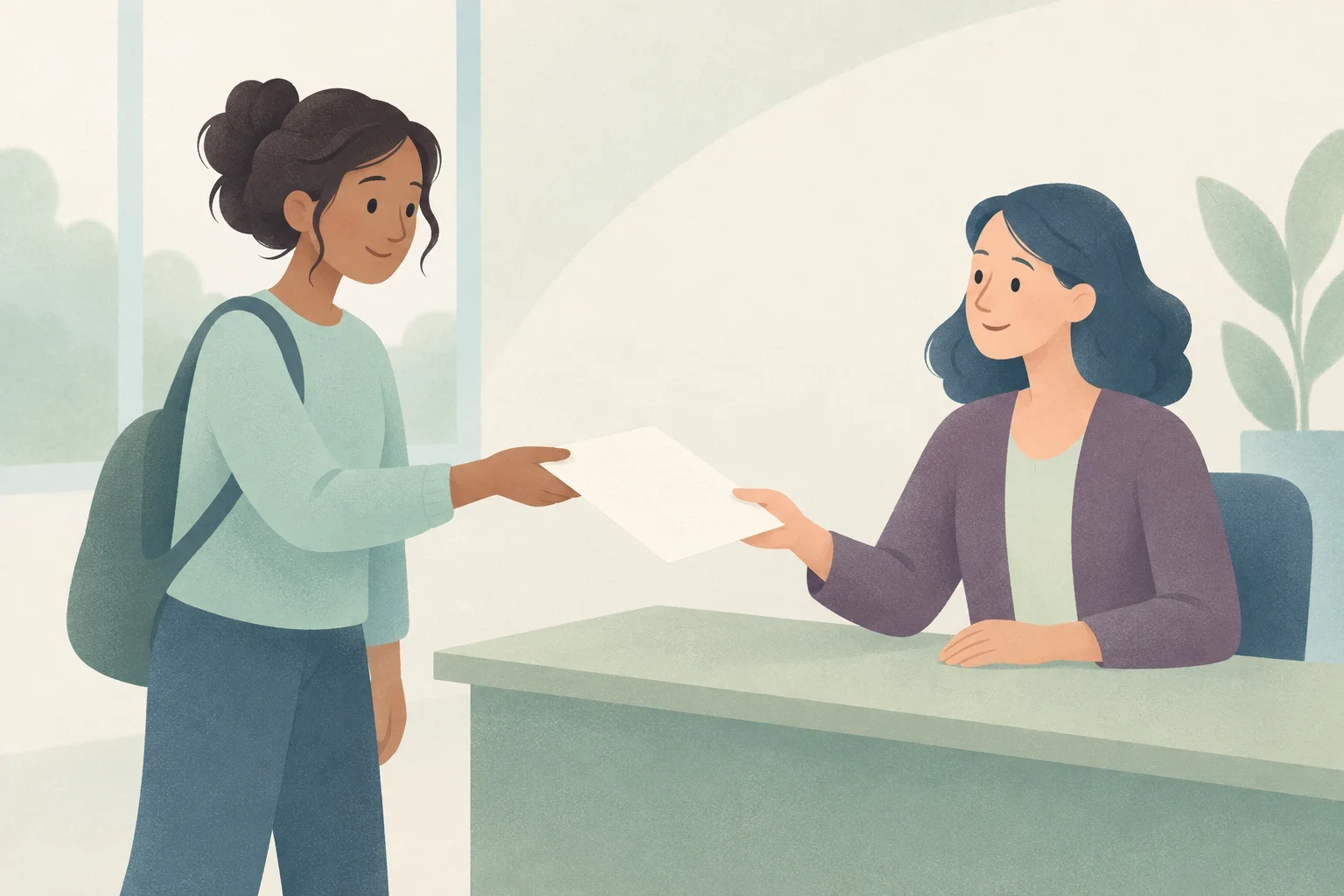 An editorial illustration of a student with a backpack handing a paper across a desk to a woman in an office.