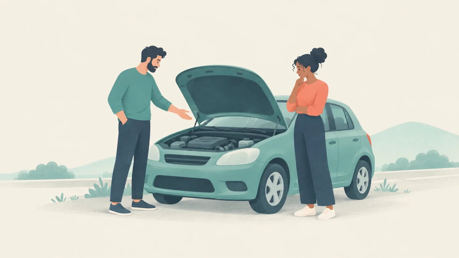 A man and a woman inspect the open engine bay of a car broken down on the roadside.