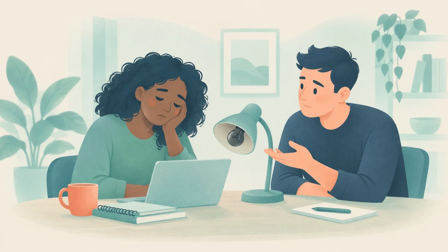 An editorial illustration of an exhausted woman at a laptop next to an unlit desk lamp and a supportive man at a table.