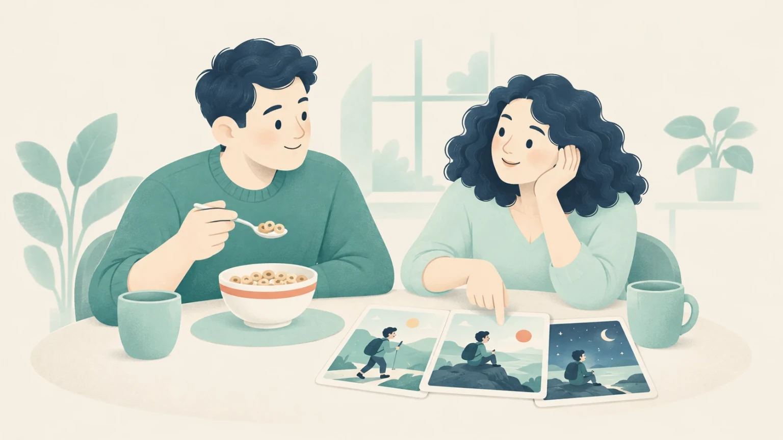 An illustration of a man eating cereal from a bowl while a woman points to a sequential series of illustrated story cards on a table.
