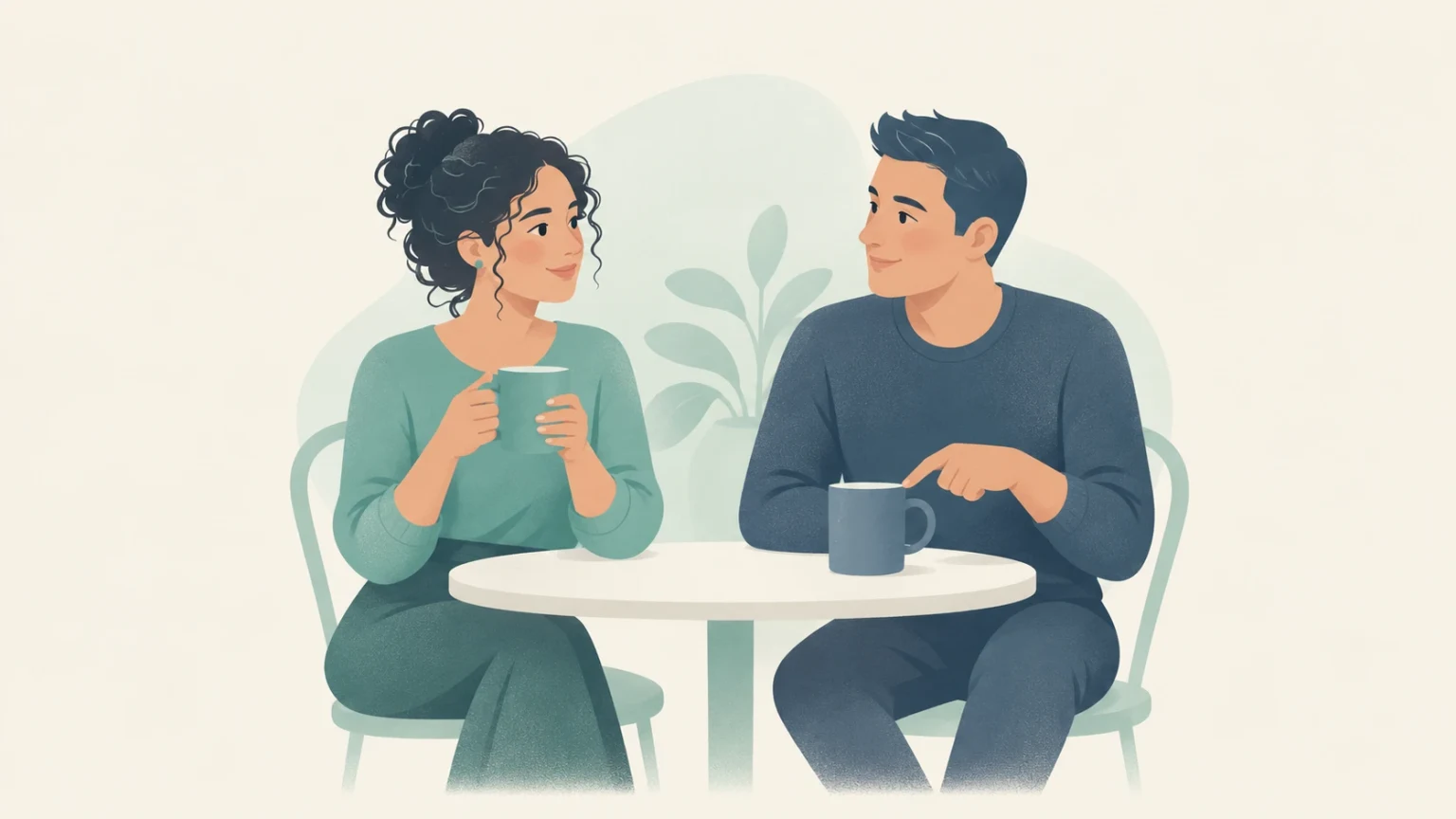 A woman and a man sitting at a round table with coffee mugs, the man pointing toward his cup while talking.