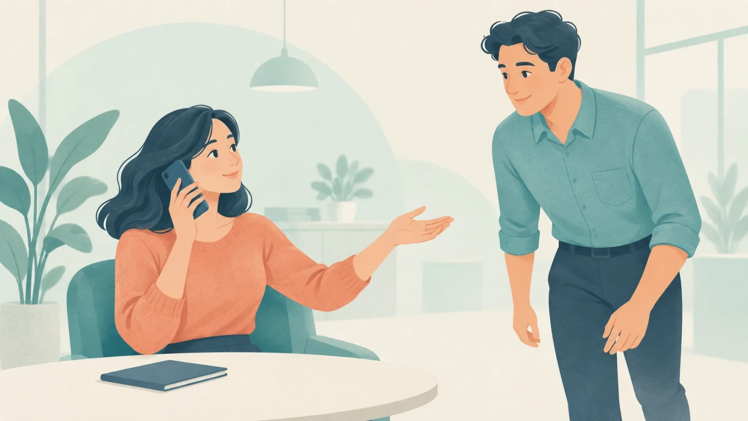 A woman sits at an office table talking on a phone and gesturing toward a male colleague standing nearby.