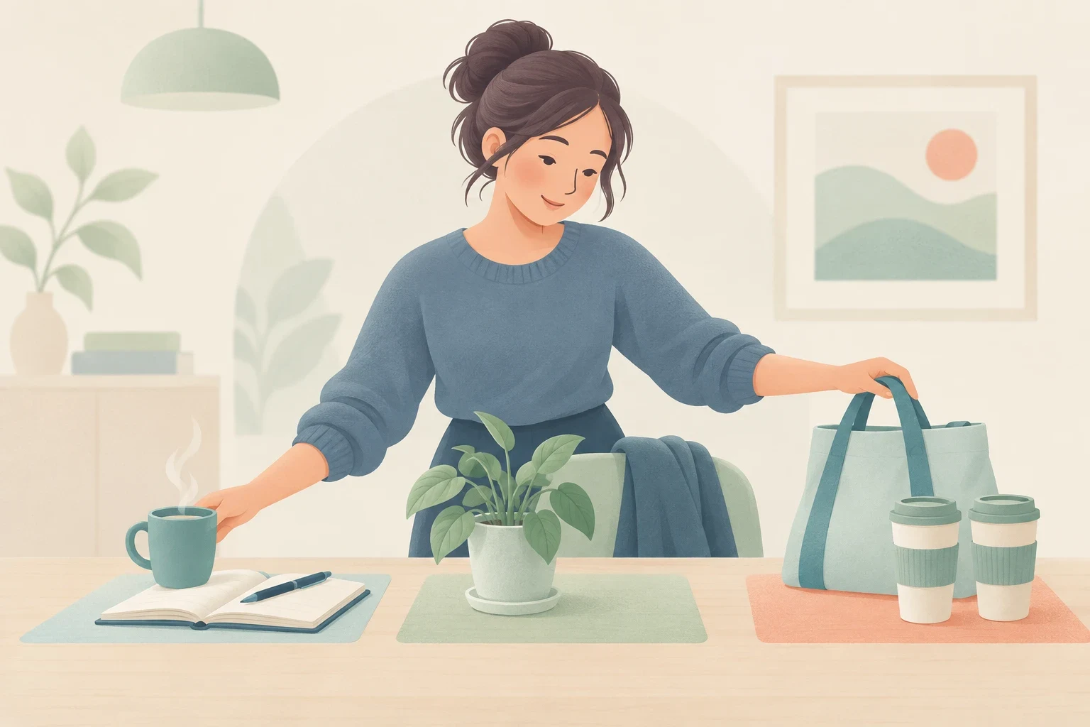 An editorial illustration of a woman reaching for a steaming coffee mug and picking up a tote bag.