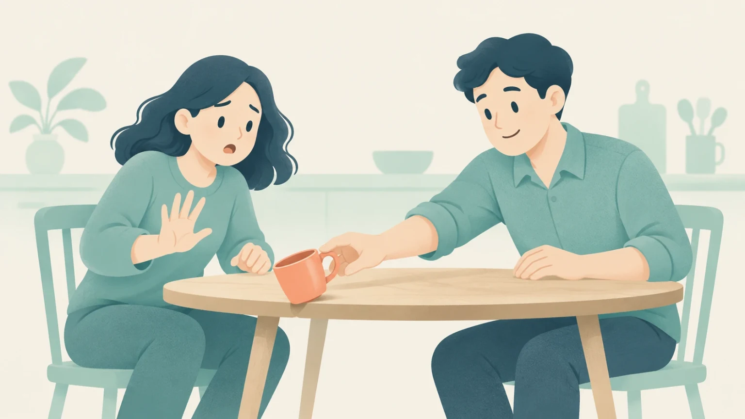 An editorial illustration of an alarmed woman raising her hand as a mug tips over on a dining table while a man reaches out to steady it.