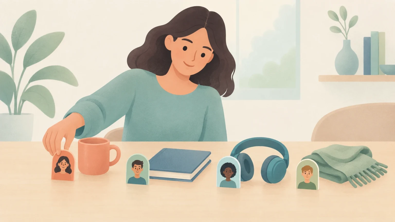An editorial illustration of a woman placing small portrait cards next to objects on a table, including a mug, a book, headphones, and a scarf.