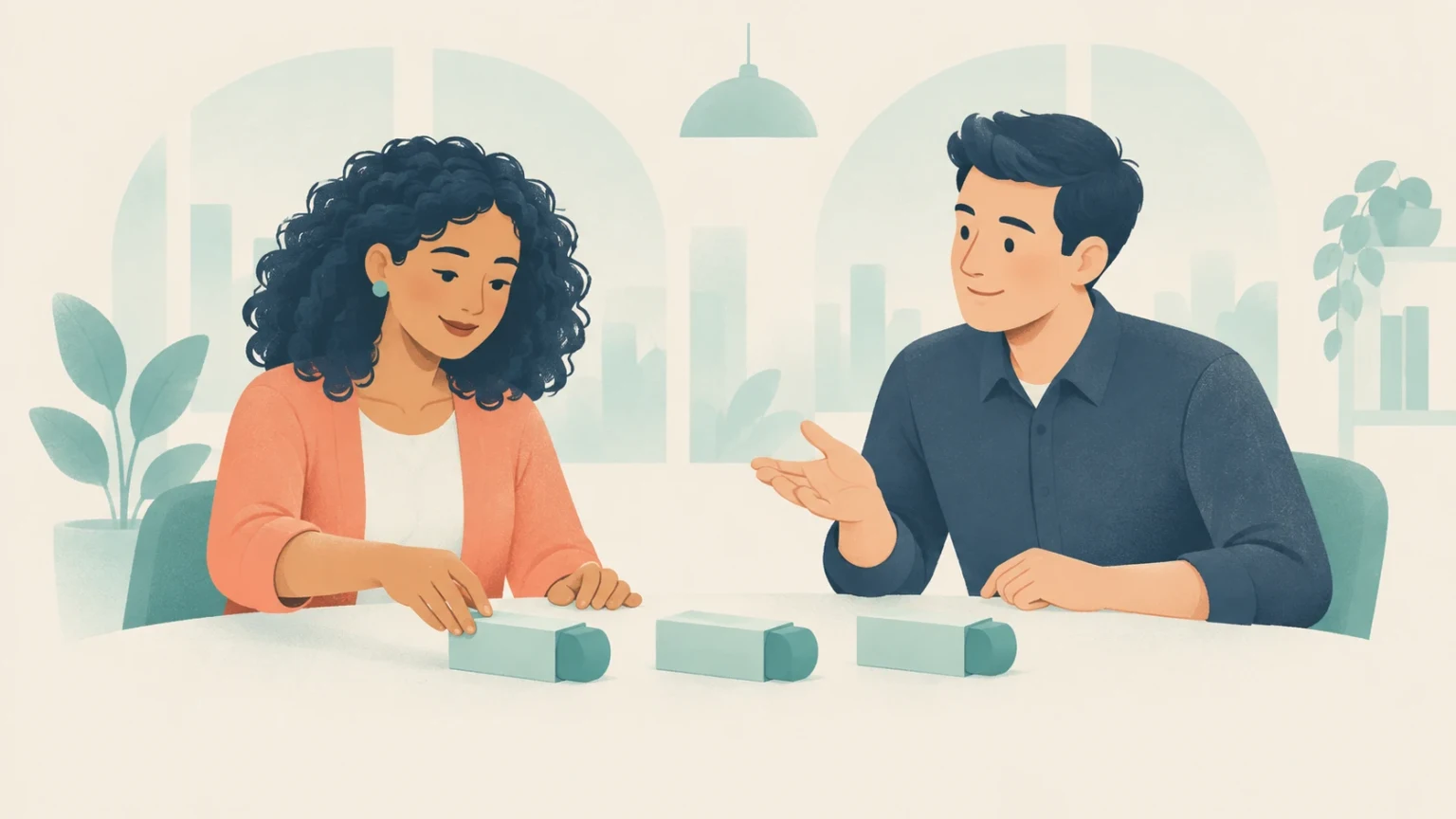 Two professionals seated at a table discuss and assemble modular blocks with distinct end caps in an office setting.