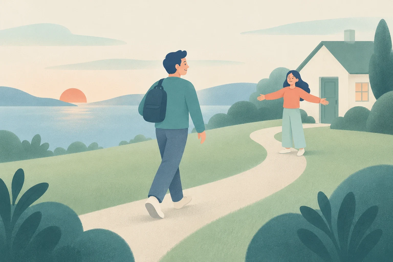 A man wearing a backpack walks along a curved path toward a woman welcoming him outside a lakeside home at sunset.