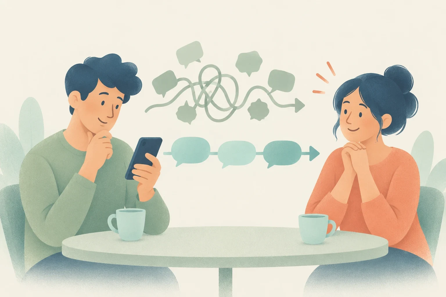 An editorial illustration of a man texting on his phone across a table from a woman, contrasting a confusing, tangled path of speech bubbles with a clear, direct path.