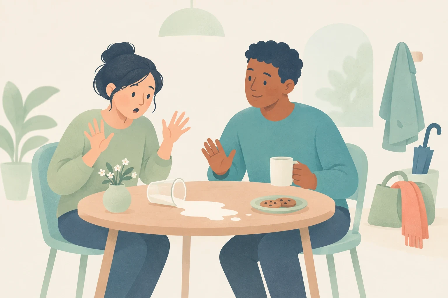 Illustration of a startled woman and reassuring man at a table with a knocked-over glass of spilled milk.