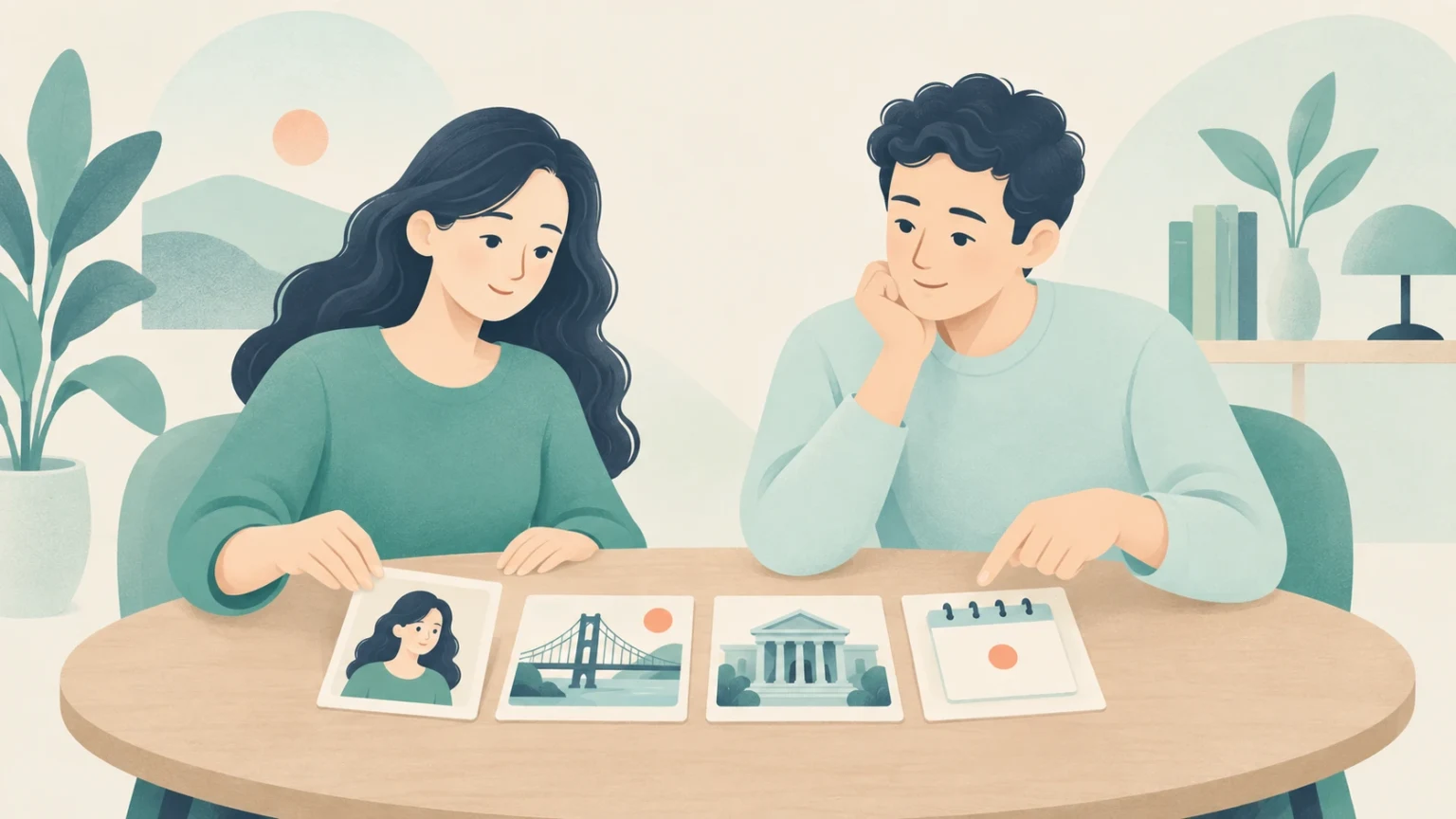 Two people sit at a table examining cards illustrating categories of proper nouns: a person, a landmark bridge, an institution, and a calendar.