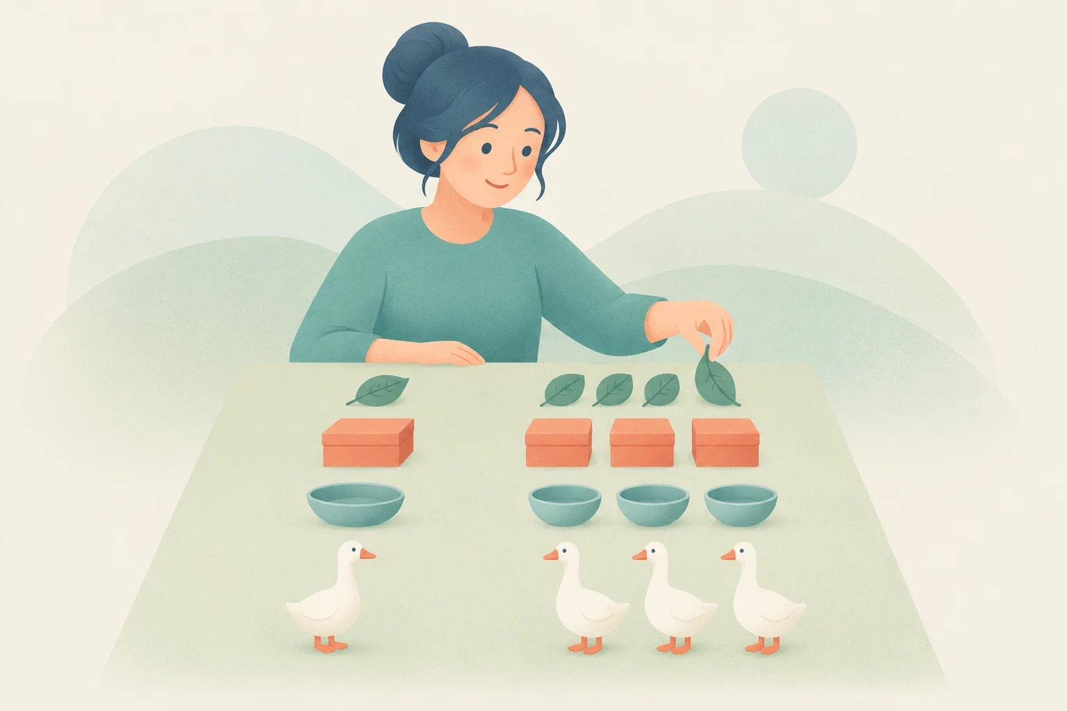 An editorial illustration of a woman arranging singular items on the left and plural items on the right of a table, including leaves, boxes, bowls, and geese.