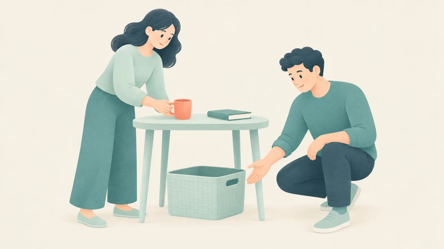 A woman placing a mug on a table while a man crouches and gestures toward an open basket underneath.