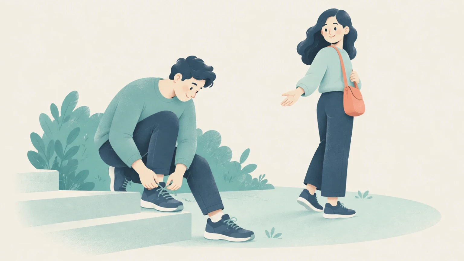 A man pauses on outdoor steps to tie his shoelace while a woman ahead looks back and extends a hand toward him.