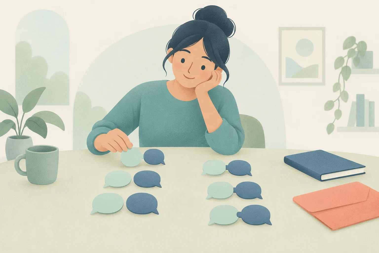 A woman sits at a desk thoughtfully arranging pairs of overlapping speech bubble cutouts beside a notebook and envelope.