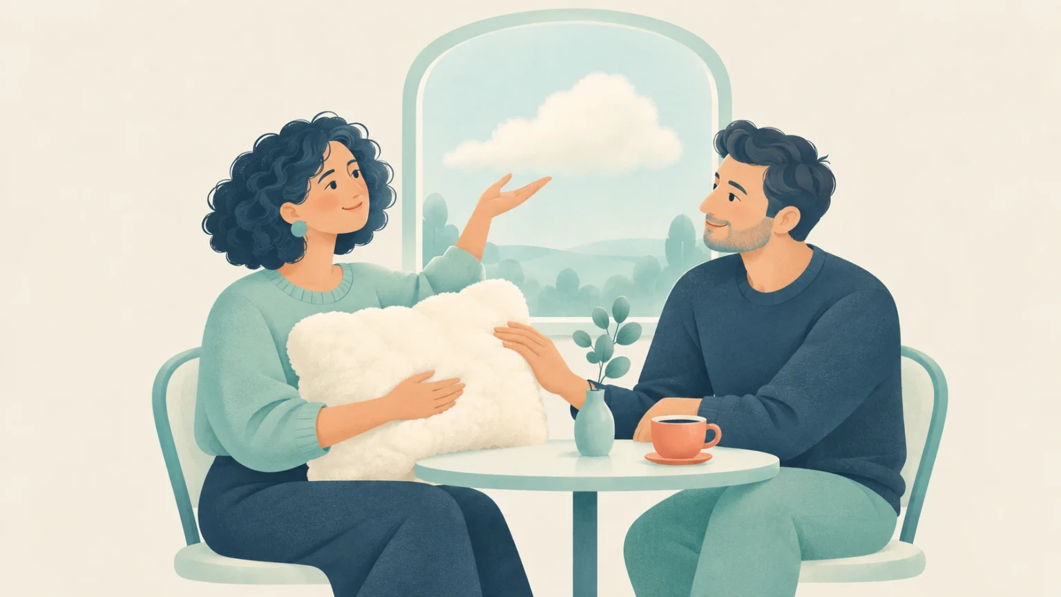 An editorial illustration of a woman holding a fluffy cloud-like cushion and gesturing toward a cloud outside a window while conversing with a man at a cafe table.