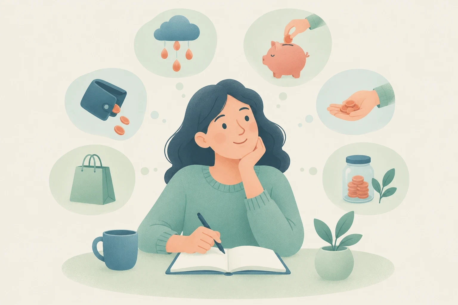 An editorial illustration of a woman at a desk with a notebook, contemplating six floating vignettes representing money idioms about saving and spending.