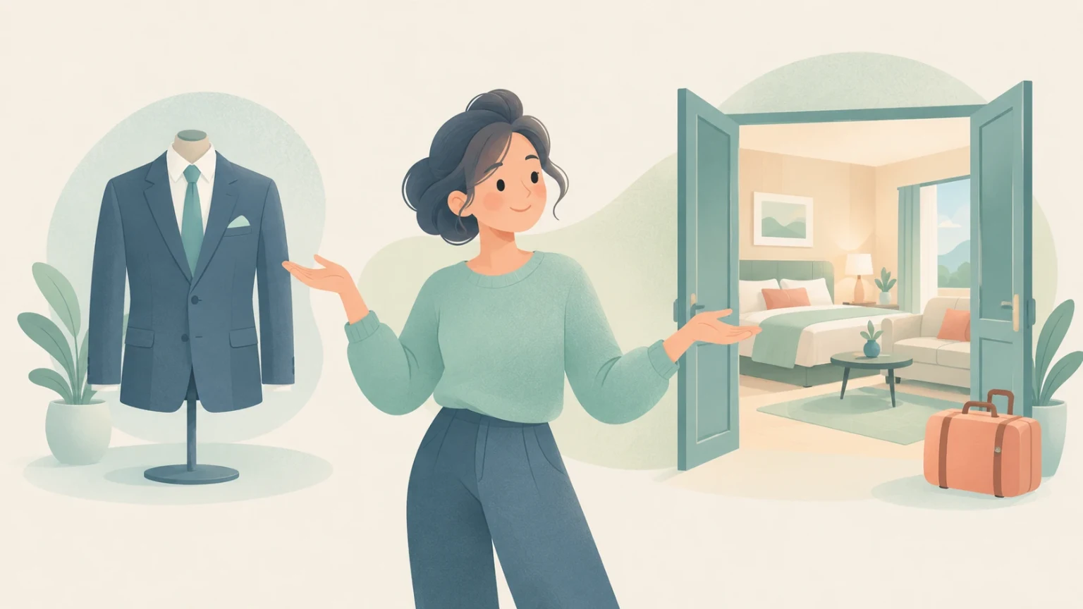 A woman gestures between a tailored business suit on a mannequin and an open doorway revealing a hotel suite with a bed, living area, and luggage.