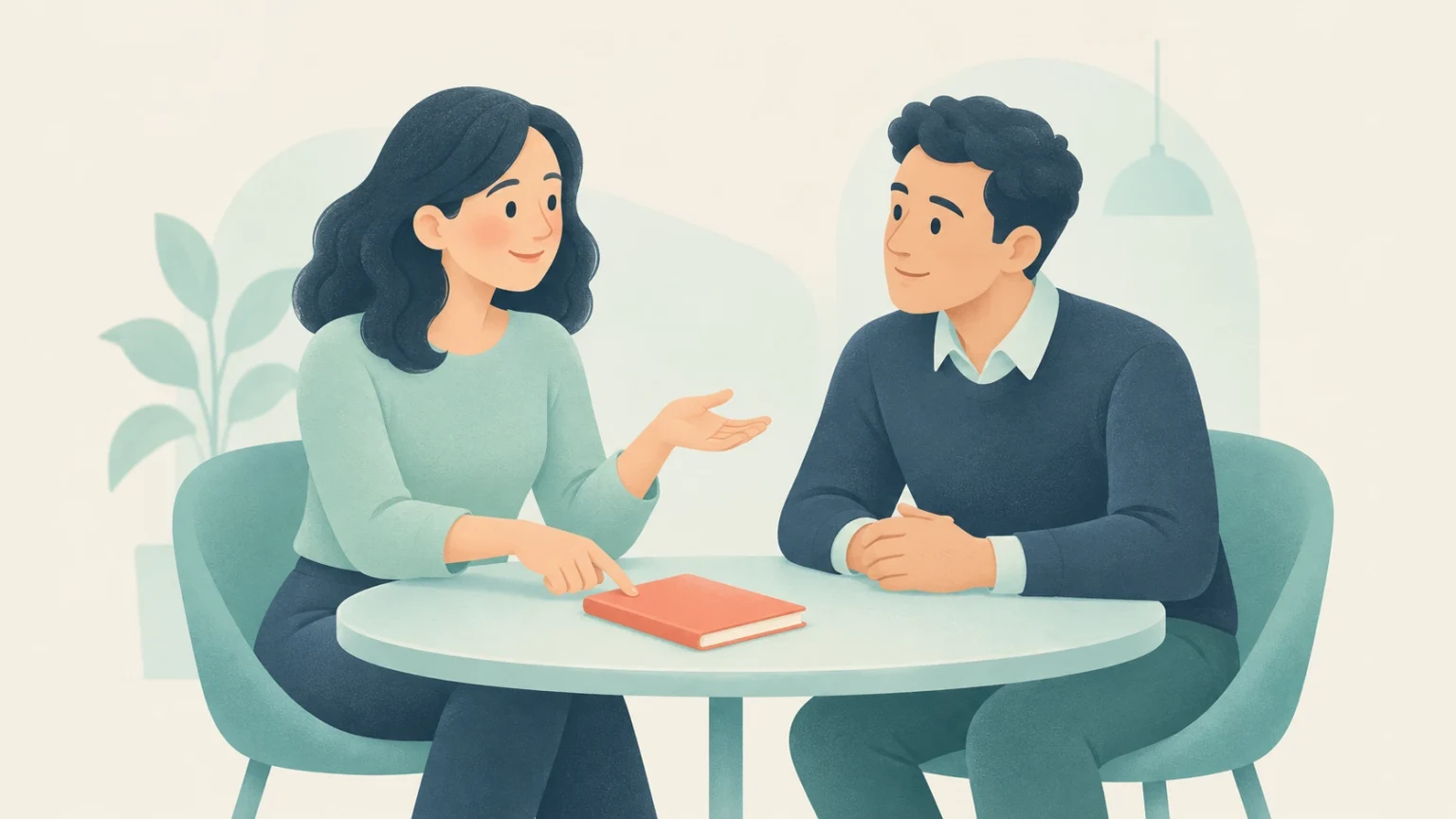 Editorial illustration of a woman speaking and pointing to a book while a man listens across a table.