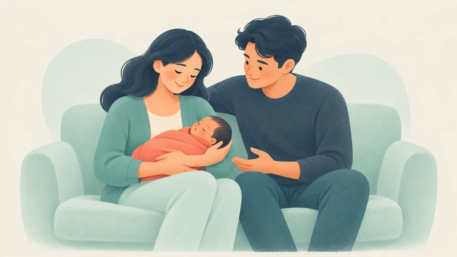 An editorial illustration of two smiling parents sitting on a couch and lovingly cradling their swaddled newborn baby.