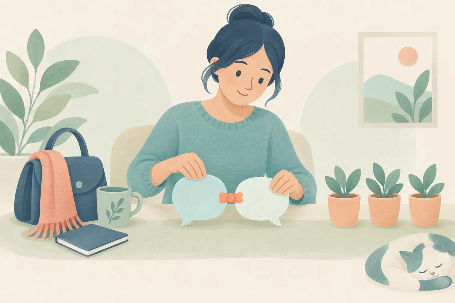 A woman at a desk connects two speech bubbles, alongside a purse, notebook, cup, potted plants, and a sleeping cat.