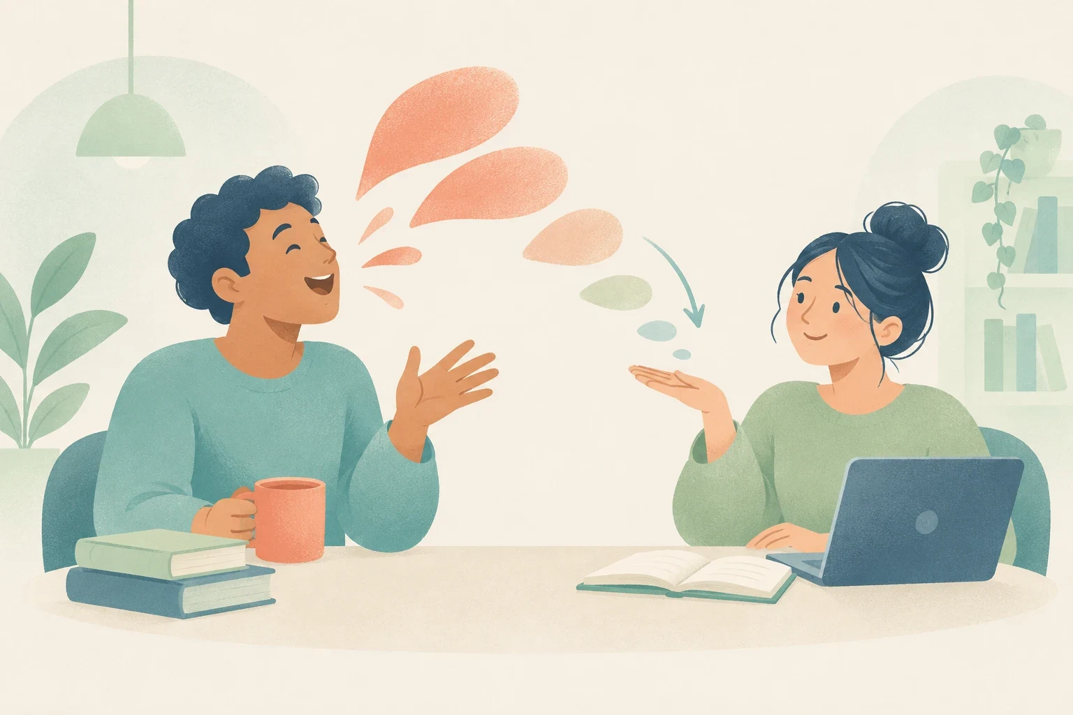 Editorial illustration of a woman politely gesturing for a man talking loudly across a shared table to lower his volume.