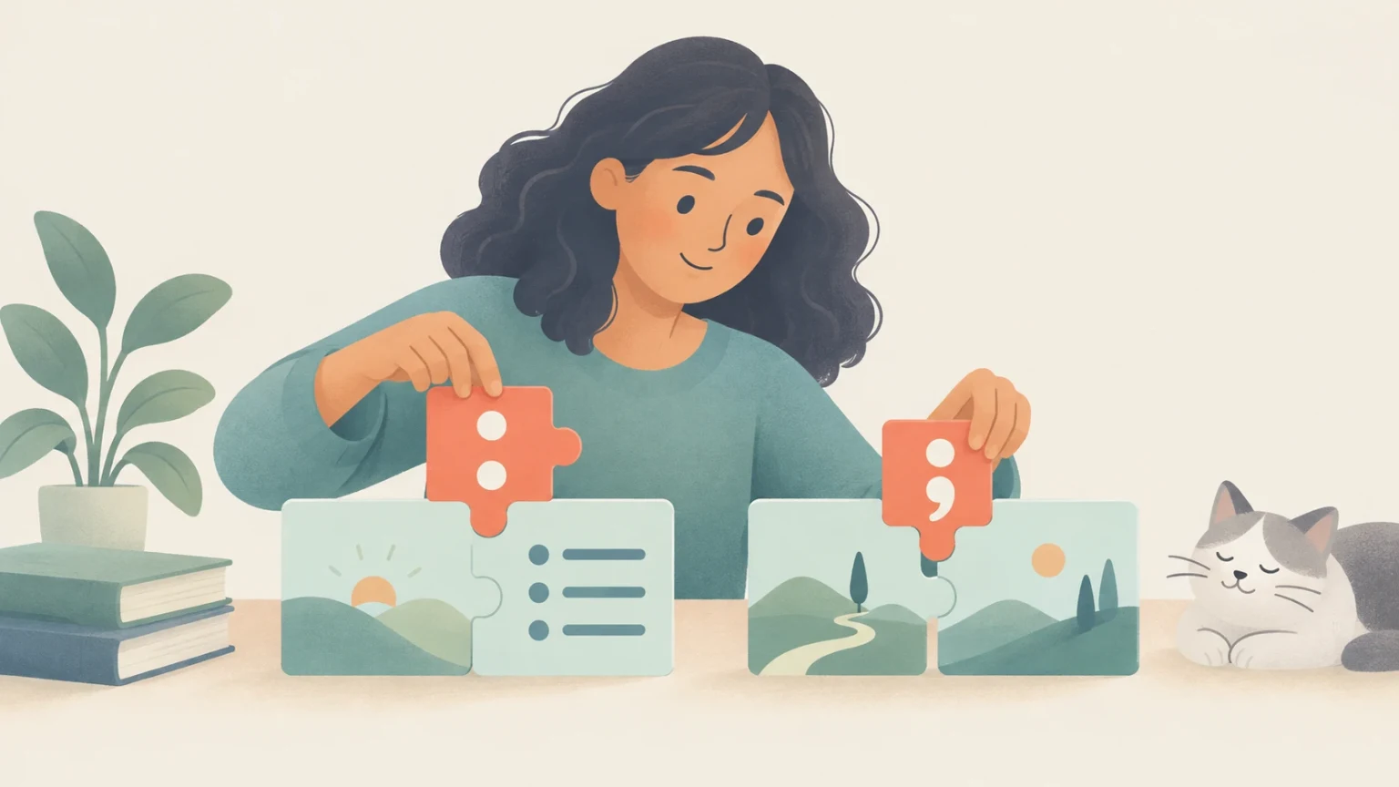 An editorial illustration of a woman connecting puzzle pieces with colon and semicolon symbols to represent sentence clauses, with books, a plant, and a sleeping cat on the table.