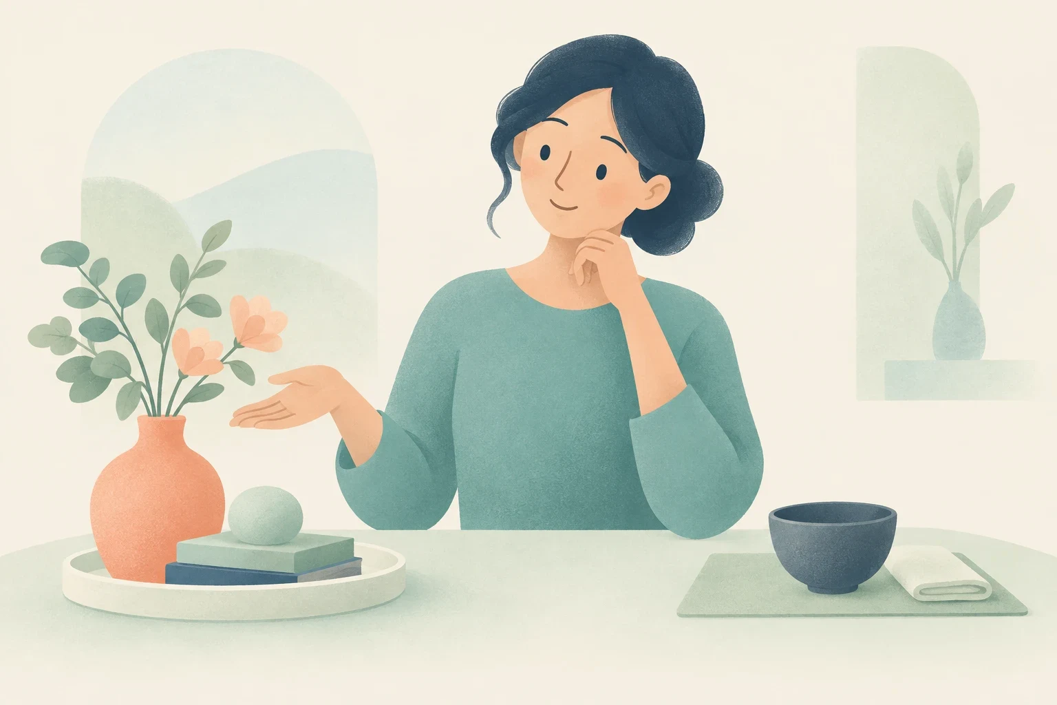 An editorial illustration of a woman seated at a table, gesturing toward a colorful floral vase on one side while contemplating a simple, austere bowl on the other.
