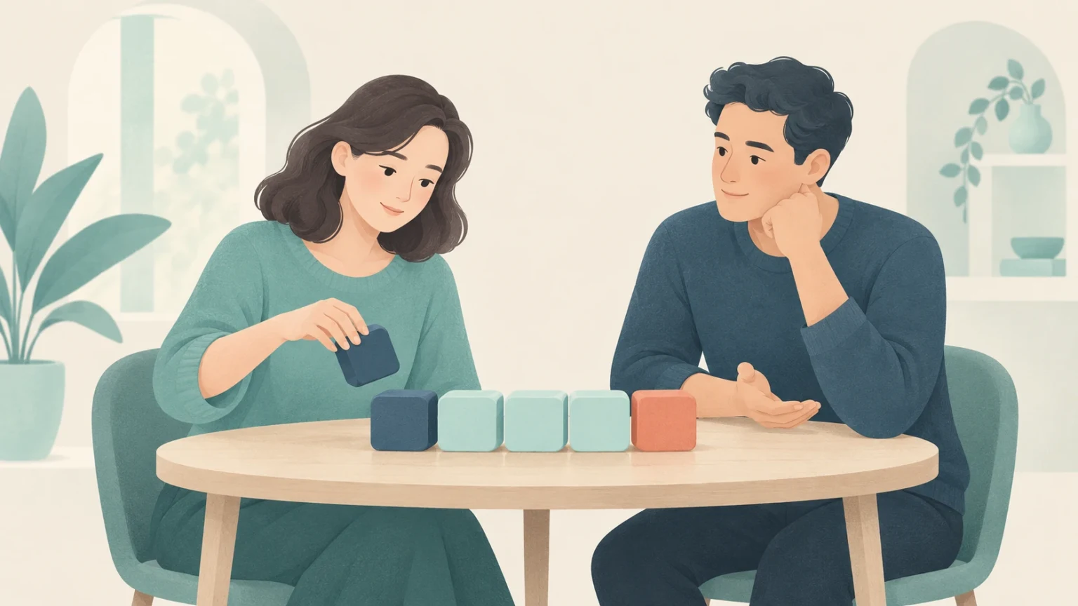 A woman and a man sit at a wooden table examining a row of colorful blocks, with the woman holding a dark blue cube above another.