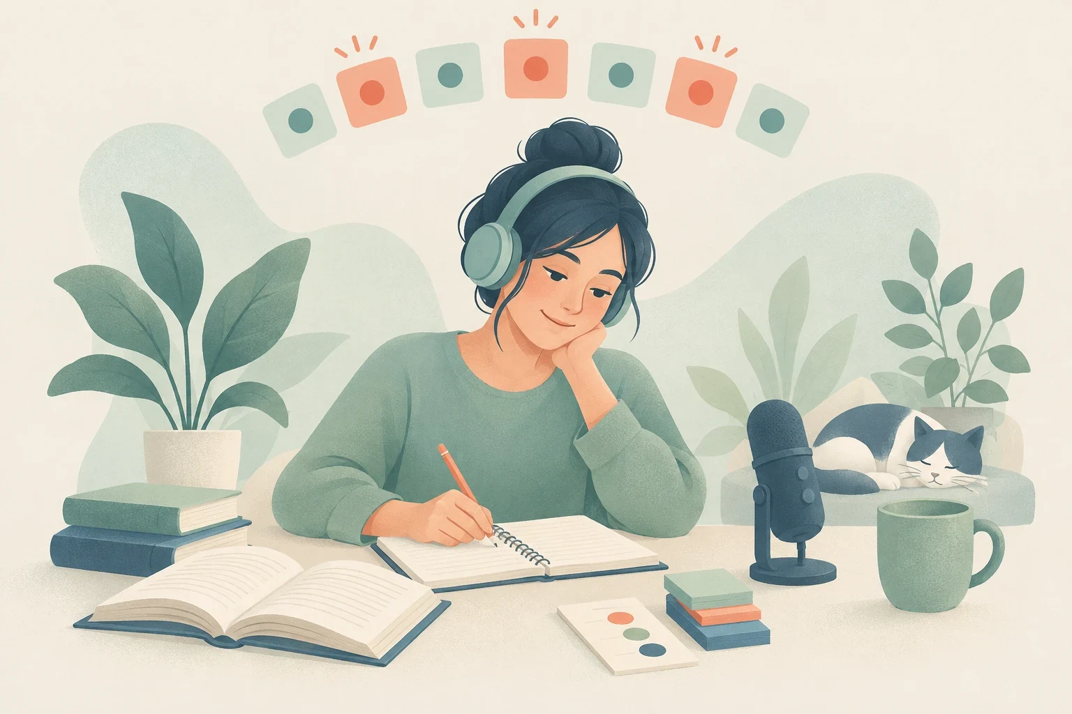 A young woman wearing headphones writes in a notebook at a study desk with an open book, desktop microphone, mug, and schedule blocks.