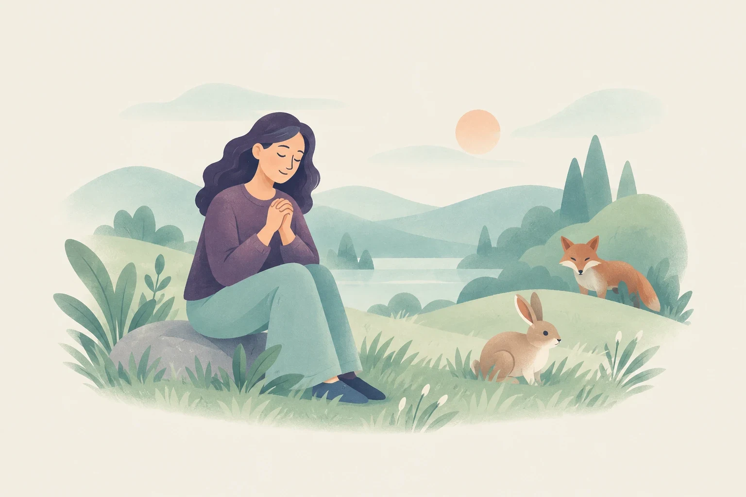 A woman sits praying on a rock in a meadow while a fox stalks a rabbit nearby.