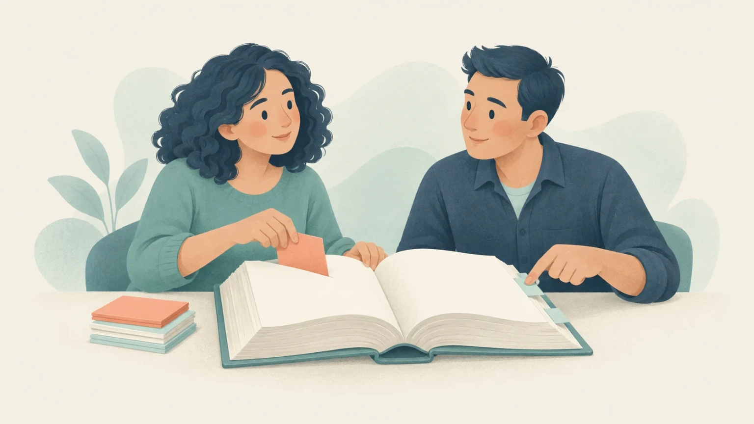 Two editors collaborate over a large open dictionary, placing colorful sticky notes and tabs on its blank pages.