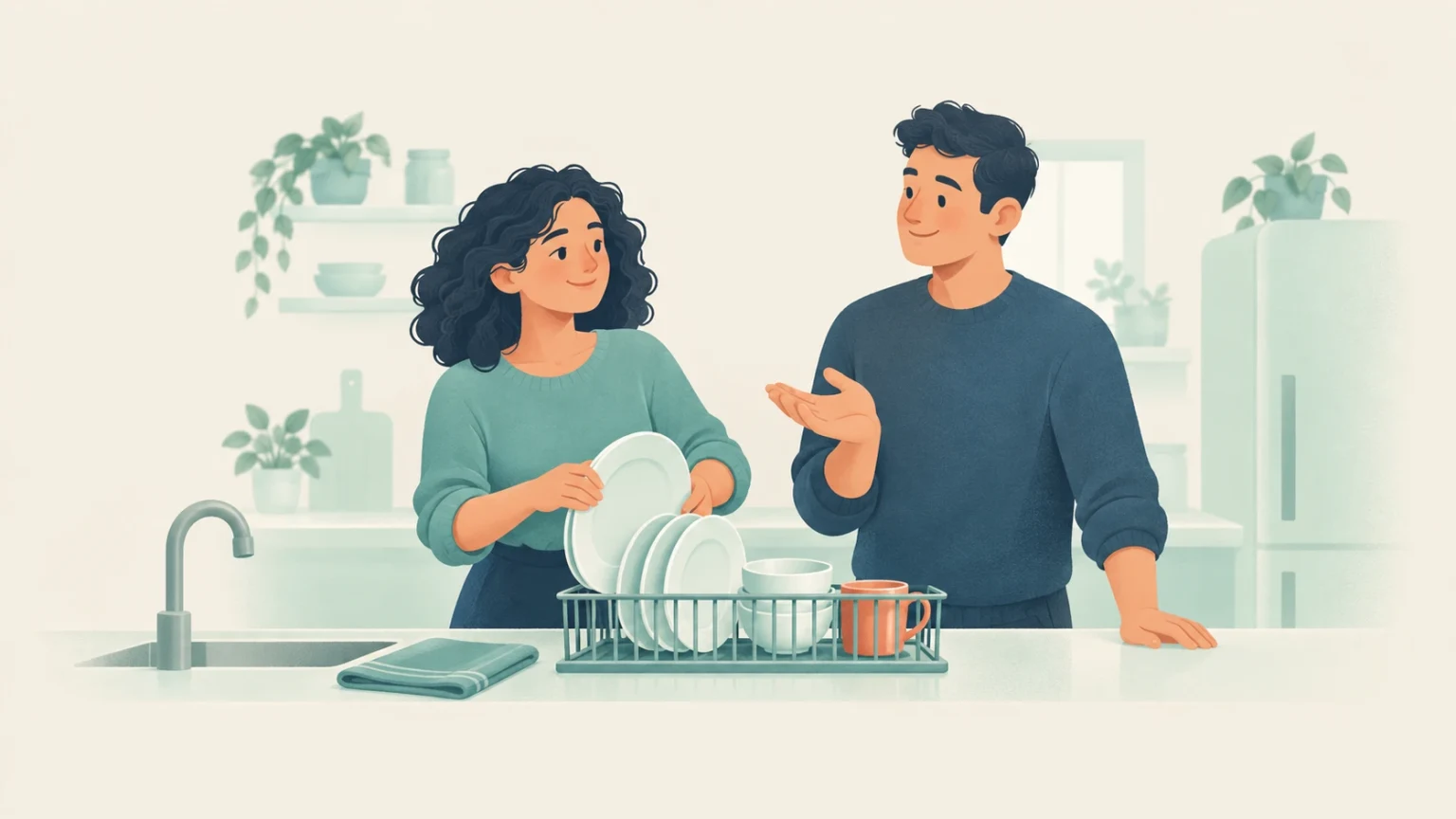 A man and a woman talking in a kitchen while putting washed dishes into a dish rack.