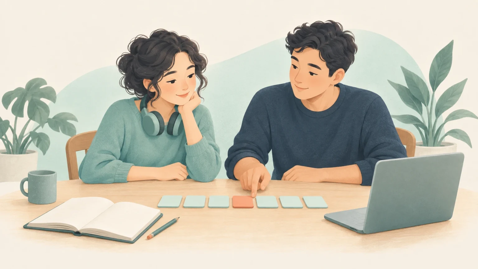 Two students sit at a desk planning an online weekly study routine with colored schedule cards, a laptop, headphones, and a notebook.