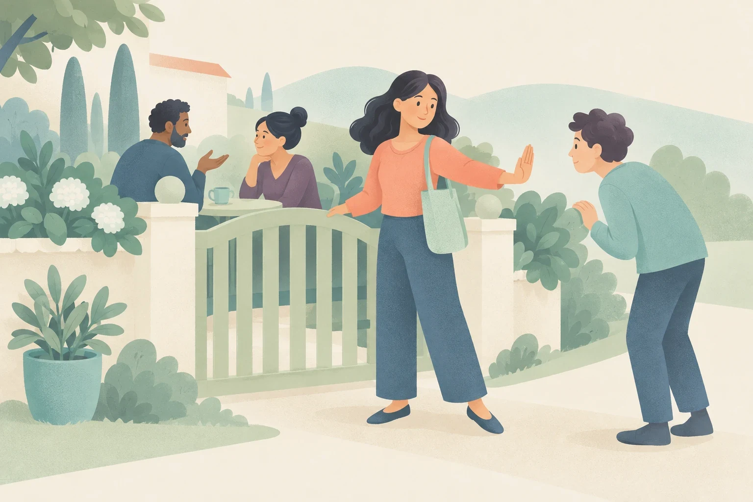 A woman at a garden gate raises her palm toward an approaching man while two people converse at a table behind her.