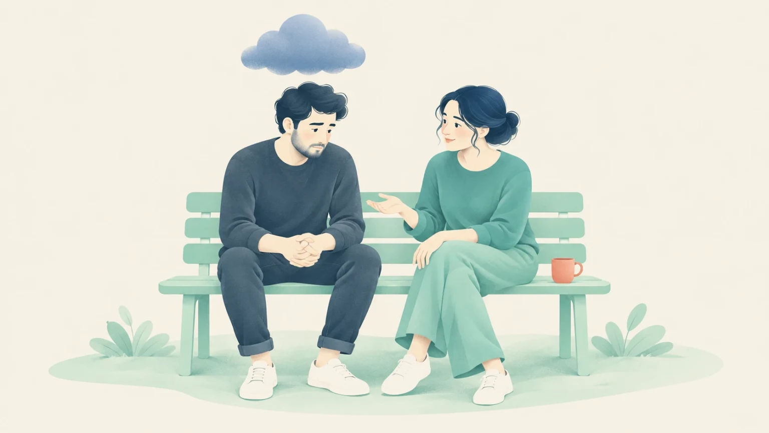 An editorial illustration of a woman comforting a sad man sitting on a bench beneath a small blue cloud.
