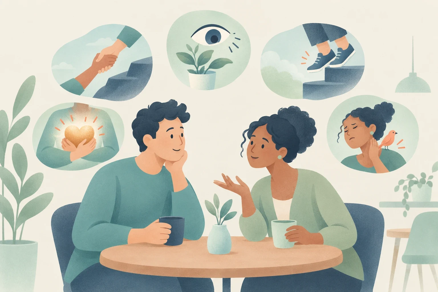 Two people talking at a cafe table surrounded by floating bubbles illustrating various body part idioms.