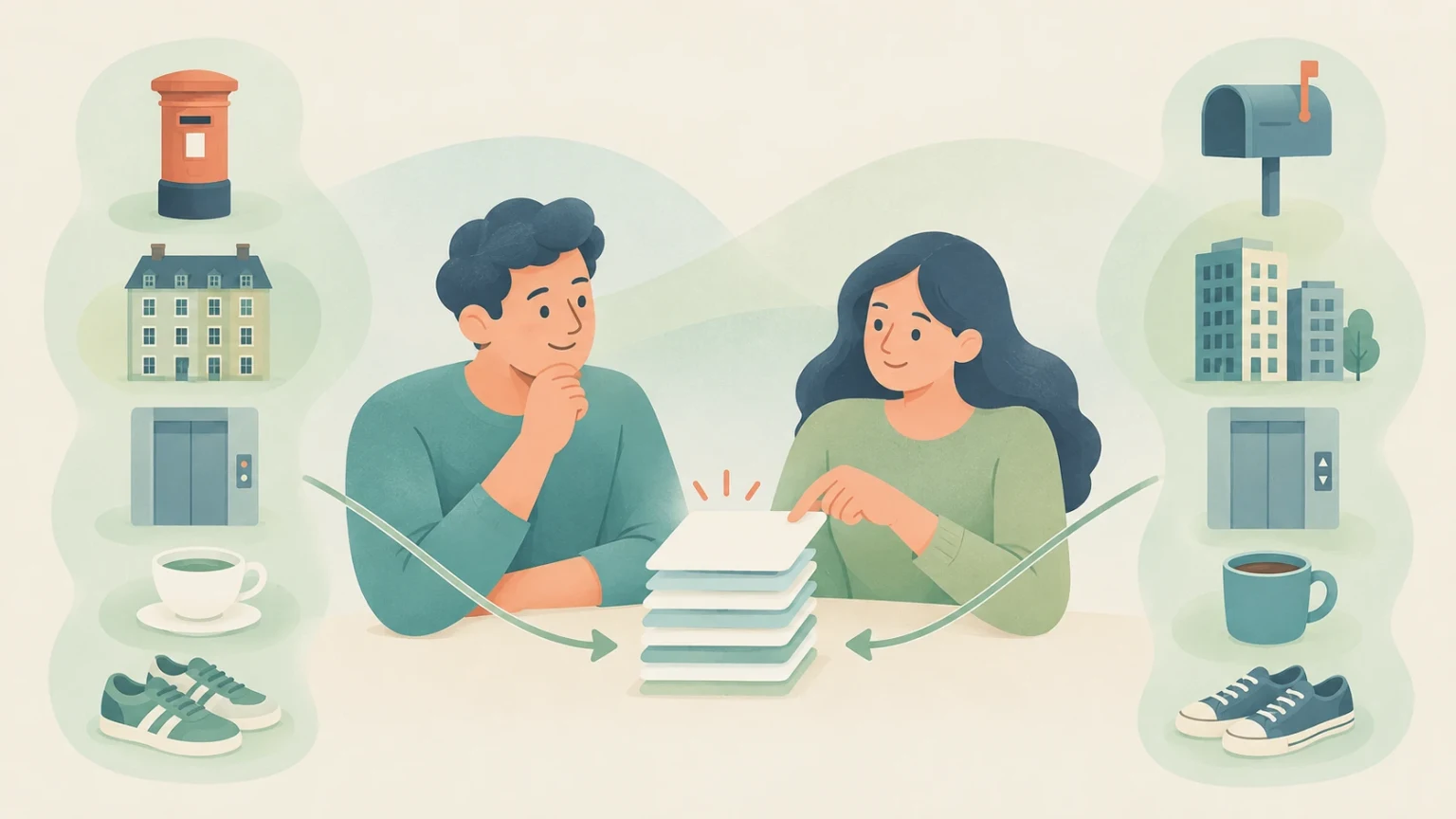 An editorial illustration of a man and woman reviewing papers at a table, surrounded by British and American everyday objects.